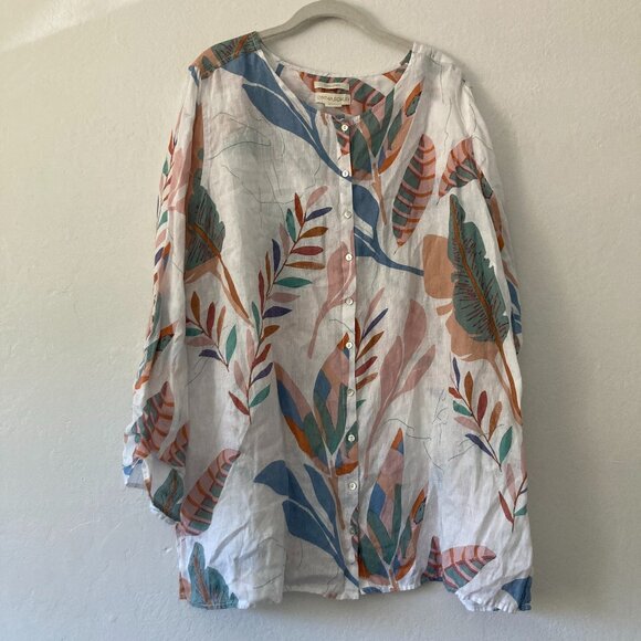 Cynthia Rowley Tops - Cynthia Rowley 100% Linen Button Front Top Long Sleeve Size 2X Tropic Lagenlook